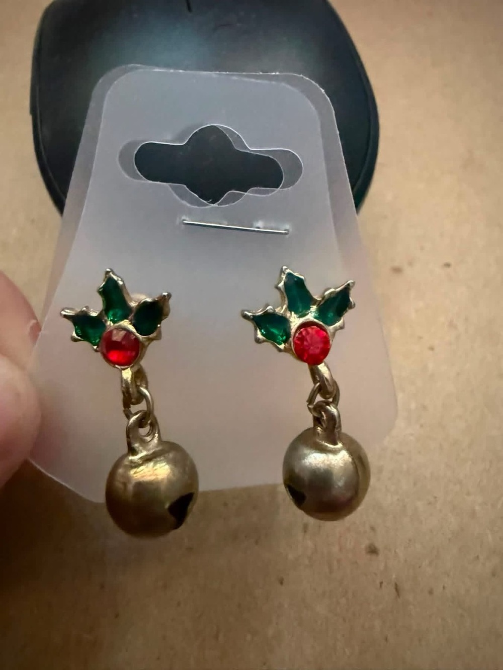 Gold-Tone Holly Bell Drop Earrings with Green Leaves and Red Stones